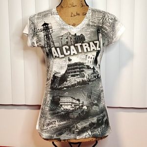 •Sunshirt•'Alcatraz' graphic print•clear rhinestone embellished•sz.XL•EUC•